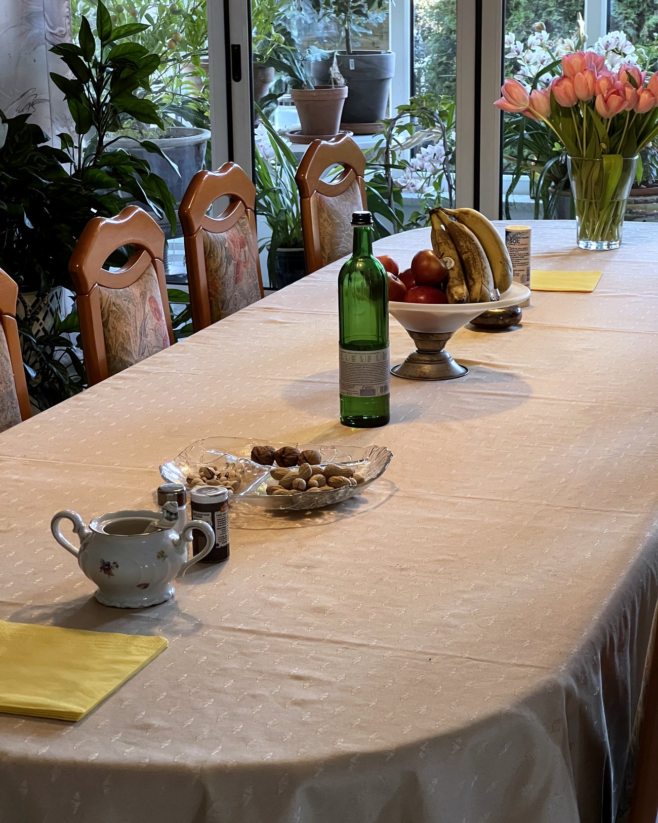 Gedeckter Tisch mit Tulpen im Wintergarten